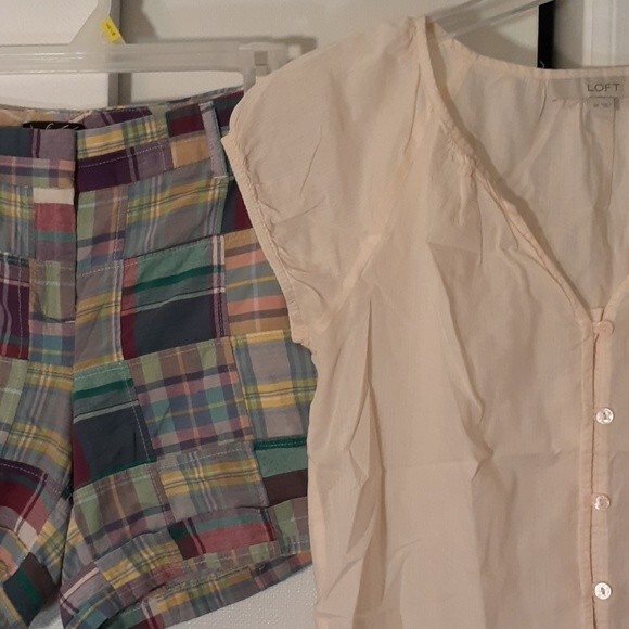 Lord & Taylor Madras plaid shorts xs 2 & loft top shirt blouse s p sp soft girl - Picture 2 of 10